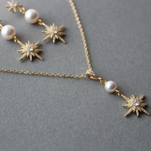"Gold-plated jewelry set with necklace, earrings on white background"