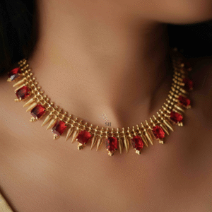 "Contemporary choker necklace with geometric metal shapes"