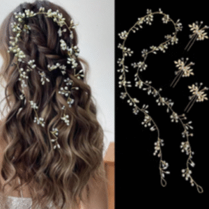 "Intricately braided hair with gold cuffs and beads"