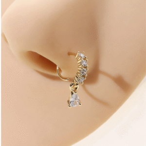 "Model wearing minimalist silver nose stud paired with nose pin"