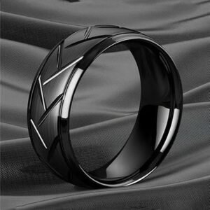 "Black tungsten men's ring with beveled edges"